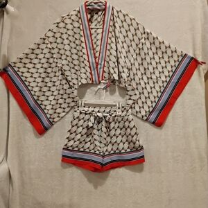 Geometric Patterned Kimono and Shorts Set